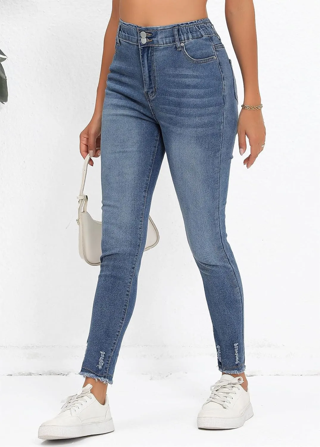 Skinny Jeans for Women Elastic High Waist Stretchy Classic Drawstring Slimming Jeggings Ripped Denim Trousers Pants