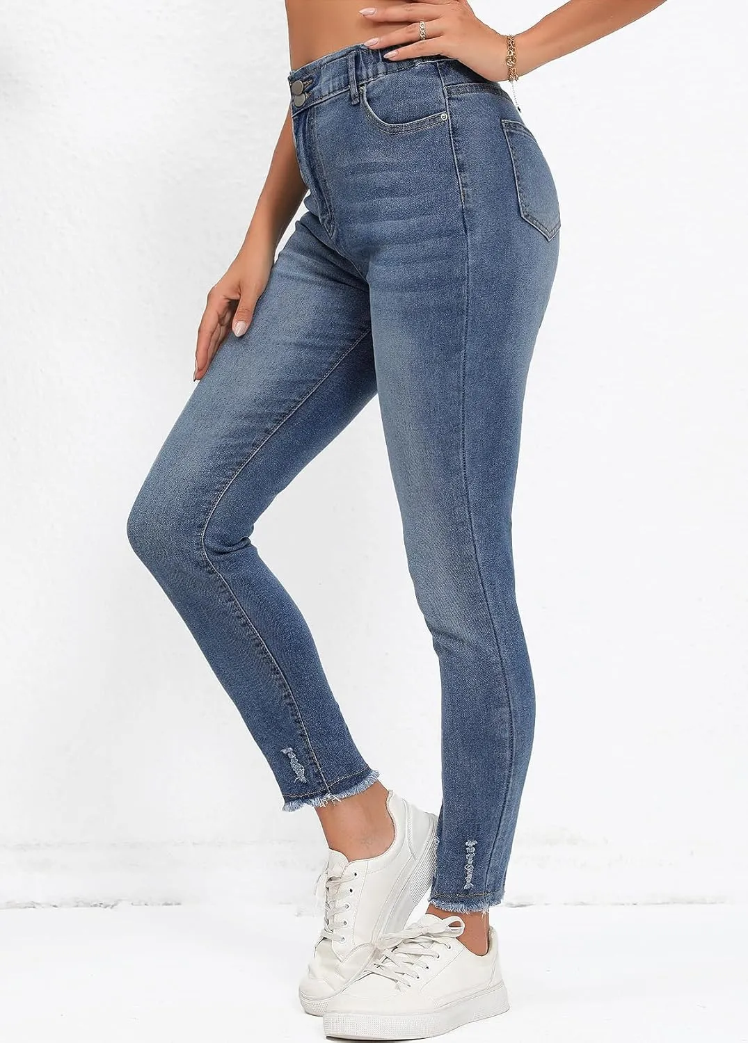 Skinny Jeans for Women Elastic High Waist Stretchy Classic Drawstring Slimming Jeggings Ripped Denim Trousers Pants