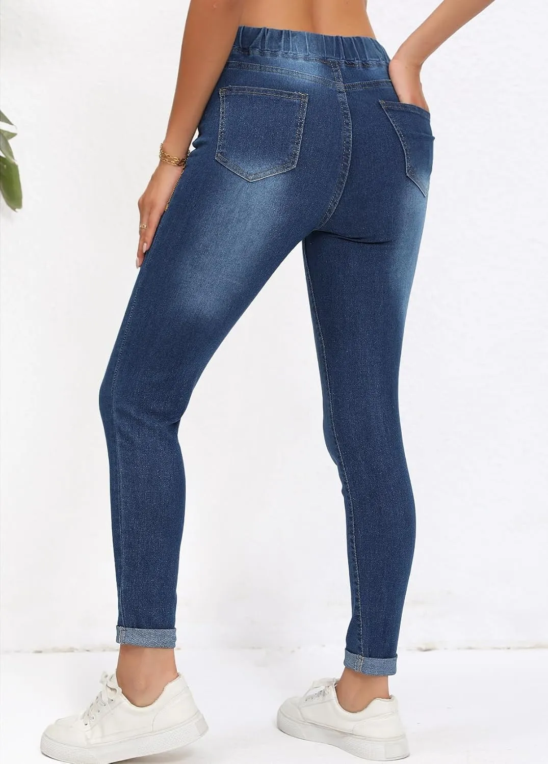Skinny Jeans for Women Elastic High Waist Stretchy Classic Drawstring Slimming Jeggings Ripped Denim Trousers Pants