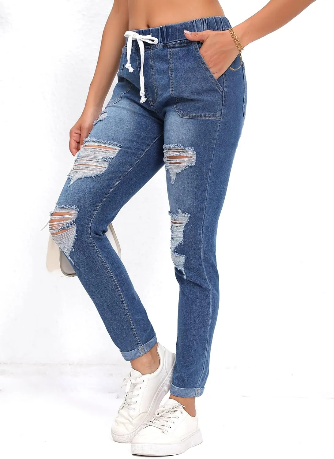 Skinny Jeans for Women Elastic High Waist Stretchy Classic Drawstring Slimming Jeggings Ripped Denim Trousers Pants