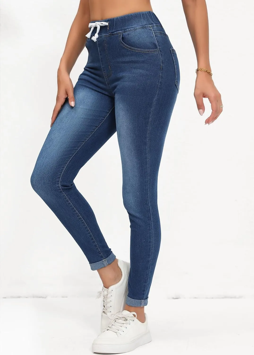 Skinny Jeans for Women Elastic High Waist Stretchy Classic Drawstring Slimming Jeggings Ripped Denim Trousers Pants