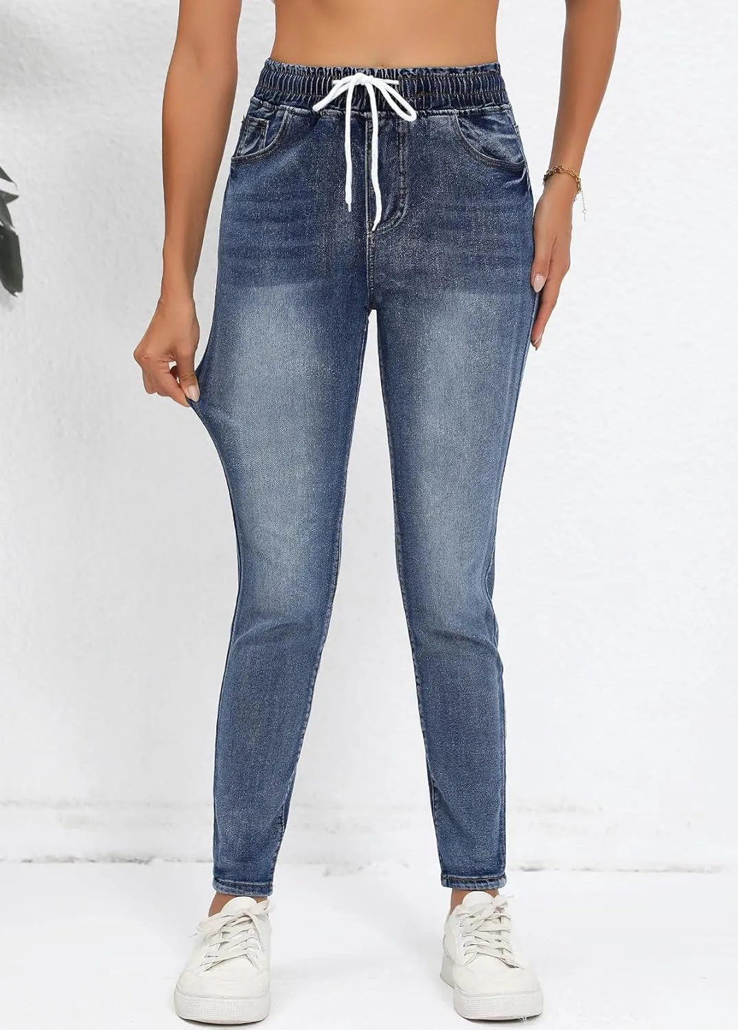 Skinny Jeans for Women Elastic High Waist Stretchy Classic Drawstring Slimming Jeggings Ripped Denim Trousers Pants