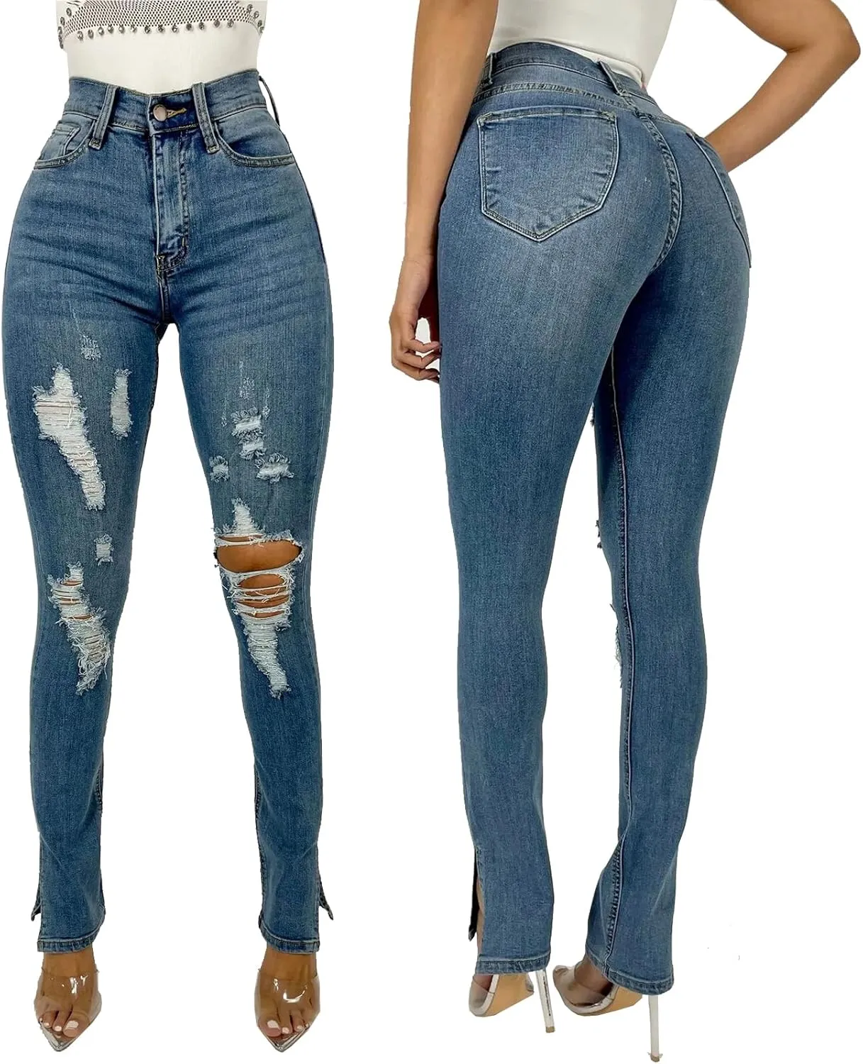 Skinny Jeans for Women Elastic High Waist Stretchy Classic Drawstring Slimming Jeggings Ripped Denim Trousers Pants