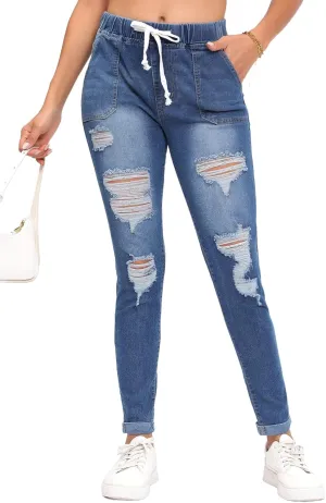 Skinny Jeans for Women Elastic High Waist Stretchy Classic Drawstring Slimming Jeggings Ripped Denim Trousers Pants