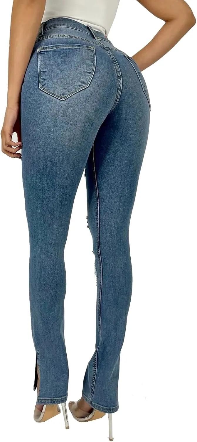 Skinny Jeans for Women Elastic High Waist Stretchy Classic Drawstring Slimming Jeggings Ripped Denim Trousers Pants
