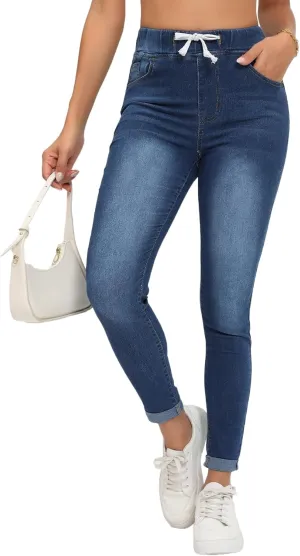 Skinny Jeans for Women Elastic High Waist Stretchy Classic Drawstring Slimming Jeggings Ripped Denim Trousers Pants