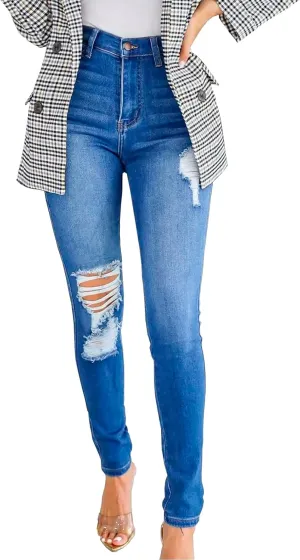 Skinny Jeans for Women Elastic High Waist Stretchy Classic Drawstring Slimming Jeggings Ripped Denim Trousers Pants