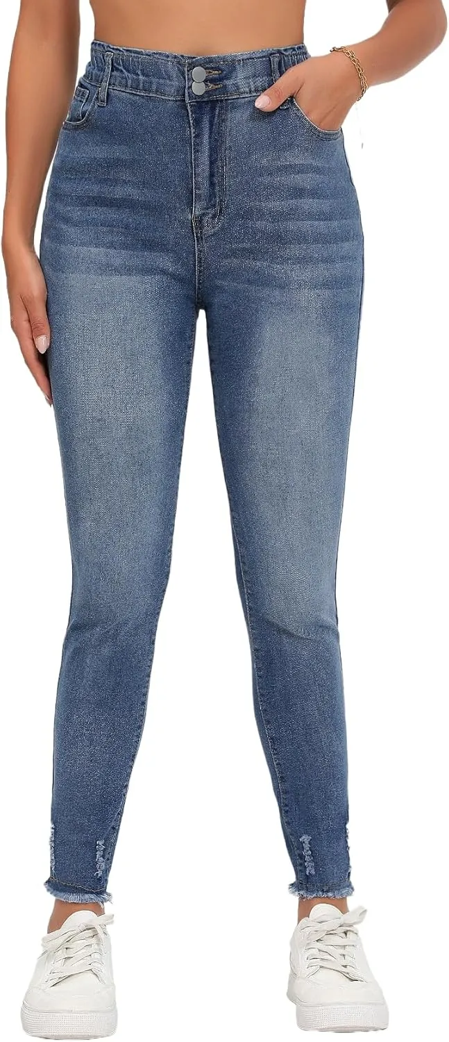 Skinny Jeans for Women Elastic High Waist Stretchy Classic Drawstring Slimming Jeggings Ripped Denim Trousers Pants