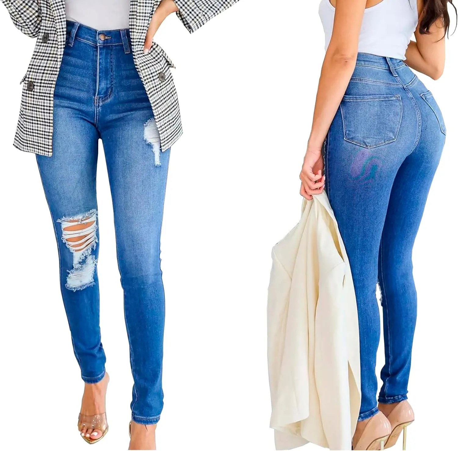 Skinny Jeans for Women Elastic High Waist Stretchy Classic Drawstring Slimming Jeggings Ripped Denim Trousers Pants