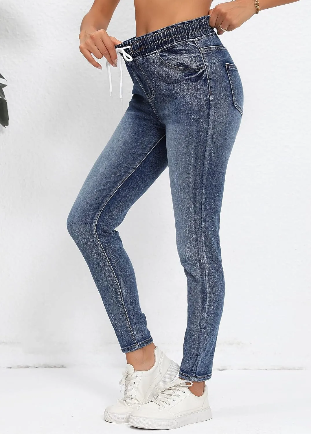 Skinny Jeans for Women Elastic High Waist Stretchy Classic Drawstring Slimming Jeggings Ripped Denim Trousers Pants