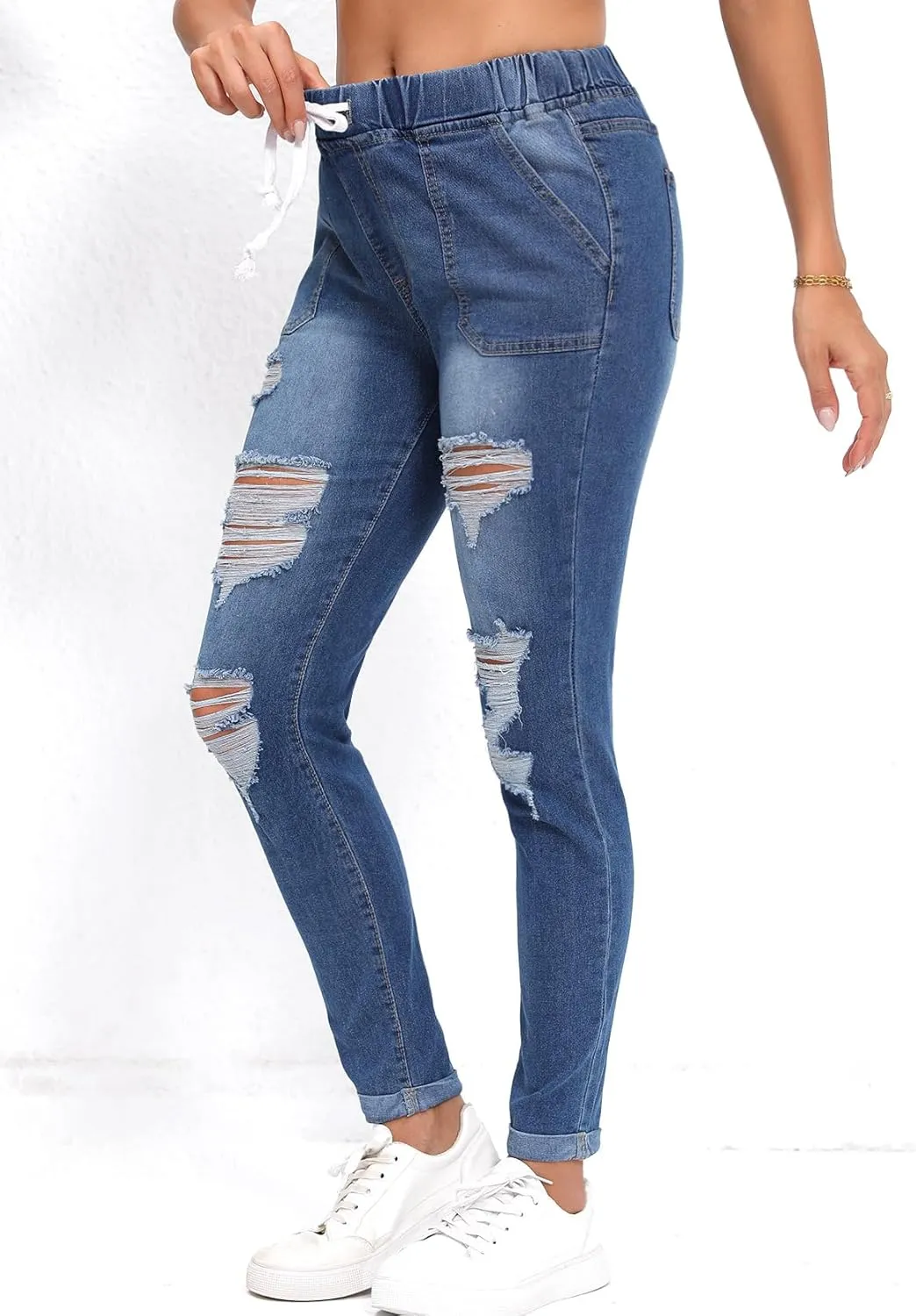 Skinny Jeans for Women Elastic High Waist Stretchy Classic Drawstring Slimming Jeggings Ripped Denim Trousers Pants