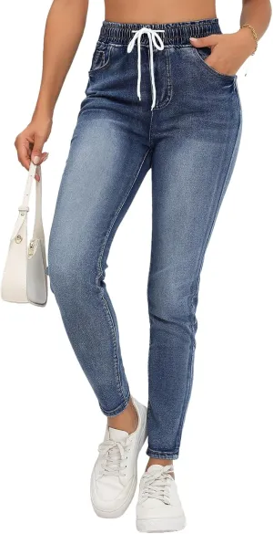 Skinny Jeans for Women Elastic High Waist Stretchy Classic Drawstring Slimming Jeggings Ripped Denim Trousers Pants