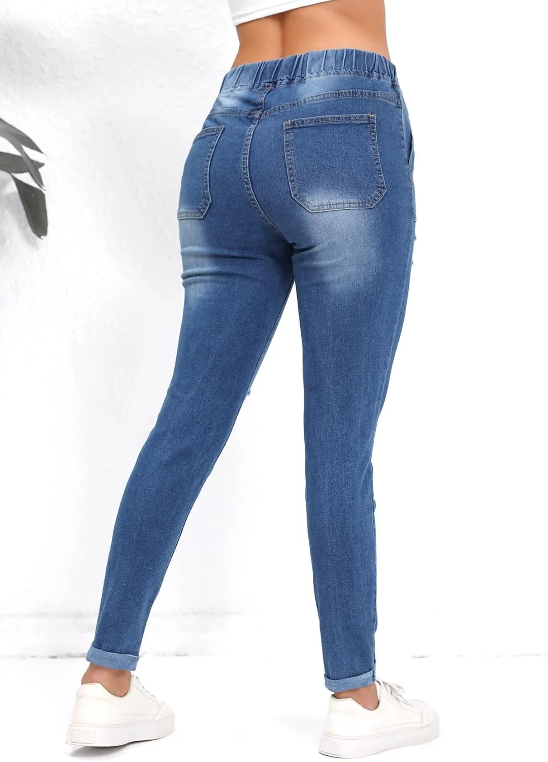 Skinny Jeans for Women Elastic High Waist Stretchy Classic Drawstring Slimming Jeggings Ripped Denim Trousers Pants
