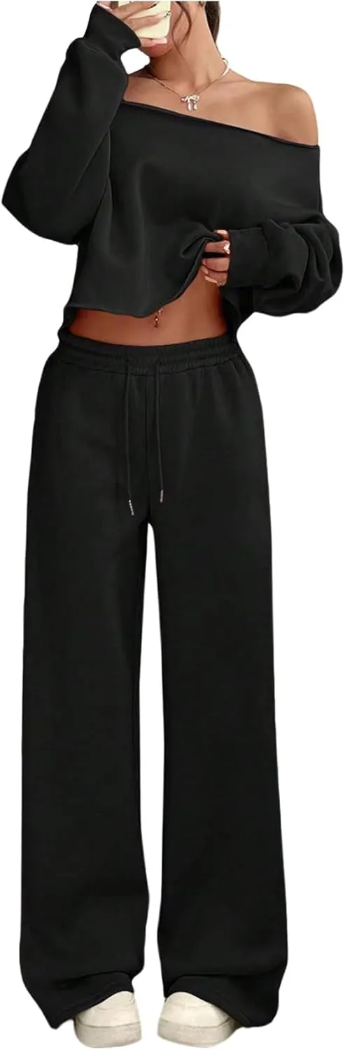SOLY HUX Women's Sweatsuits Off The Shoulder Crop Top and Drawstring Long Pants 2 Piece Fall Outfits