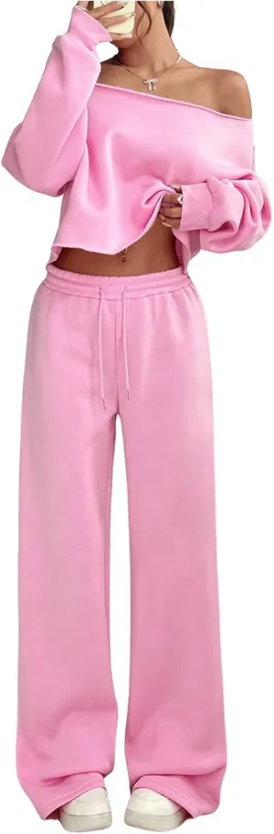SOLY HUX Women's Sweatsuits Off The Shoulder Crop Top and Drawstring Long Pants 2 Piece Fall Outfits