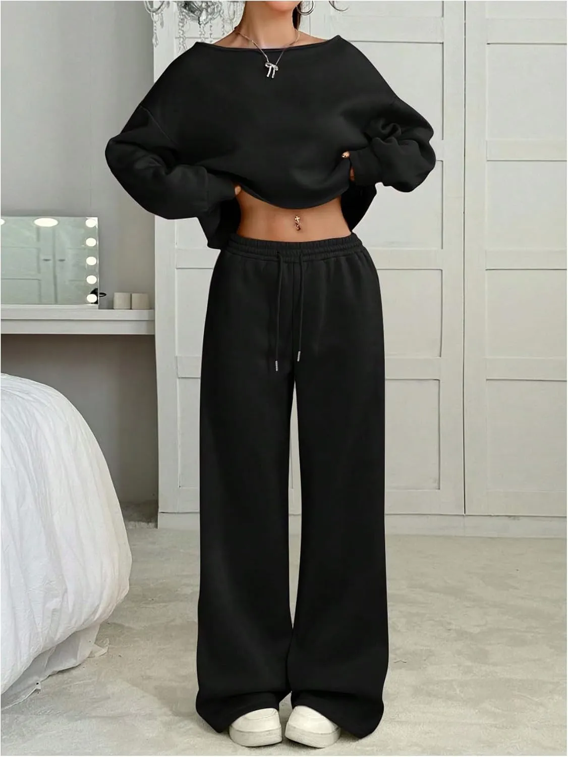 SOLY HUX Women's Sweatsuits Off The Shoulder Crop Top and Drawstring Long Pants 2 Piece Fall Outfits