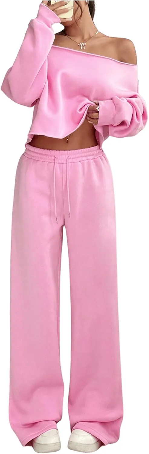 SOLY HUX Women's Sweatsuits Off The Shoulder Crop Top and Drawstring Long Pants 2 Piece Fall Outfits