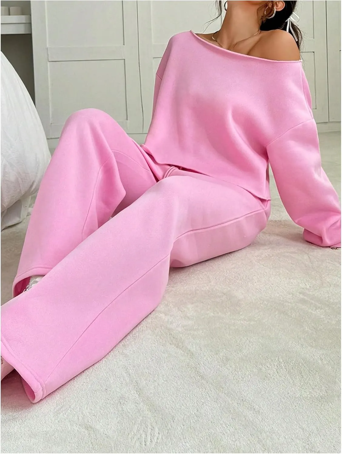 SOLY HUX Women's Sweatsuits Off The Shoulder Crop Top and Drawstring Long Pants 2 Piece Fall Outfits