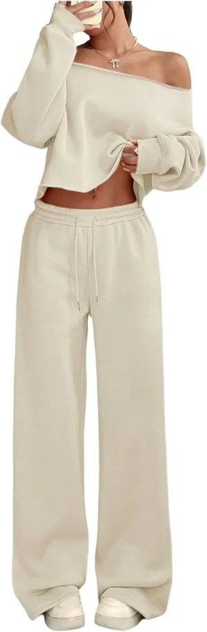 SOLY HUX Women's Sweatsuits Off The Shoulder Crop Top and Drawstring Long Pants 2 Piece Fall Outfits