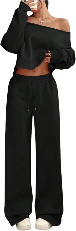 SOLY HUX Women's Sweatsuits Off The Shoulder Crop Top and Drawstring Long Pants 2 Piece Fall Outfits