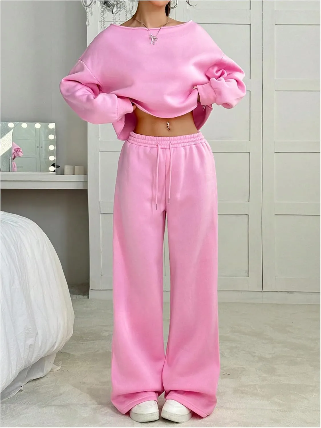 SOLY HUX Women's Sweatsuits Off The Shoulder Crop Top and Drawstring Long Pants 2 Piece Fall Outfits
