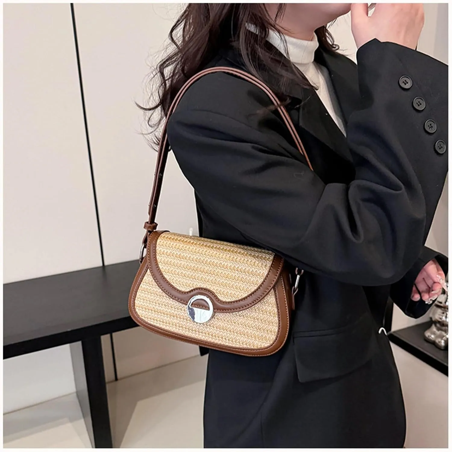 Straw Purses for Women Small Crossbody Bags with Adjustable Strap Summer Purse Beach Bag Rattan Bag Wicker Purses(Brown)