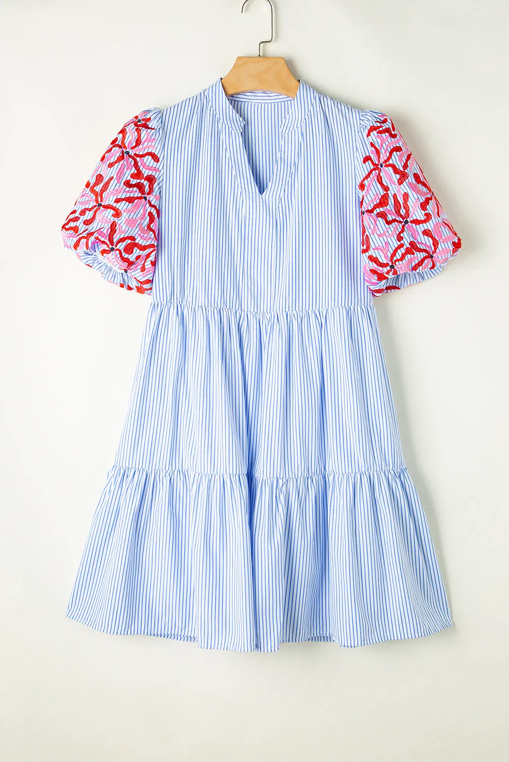Stripe Blue Multicolor Pink Floral Tier Dress