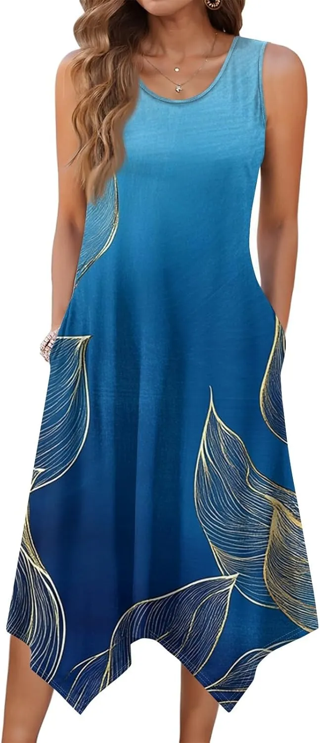 Summer Midi Dresses for Women 2025 Casual Vacation Handkerchief Tank Dress with Pockets Sundress Beach Cover ups