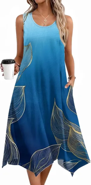 Summer Midi Dresses for Women 2025 Casual Vacation Handkerchief Tank Dress with Pockets Sundress Beach Cover ups