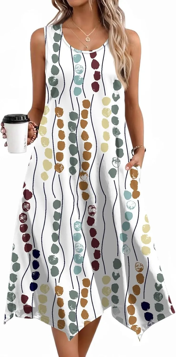 Summer Midi Dresses for Women 2025 Casual Vacation Handkerchief Tank Dress with Pockets Sundress Beach Cover ups