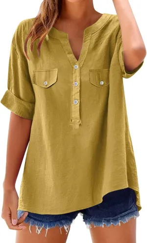 Summer Tops for Women 2025 Linen Short Sleeve Button Down V Neck T Shirts with Chest Pocket Casual Beach Tops