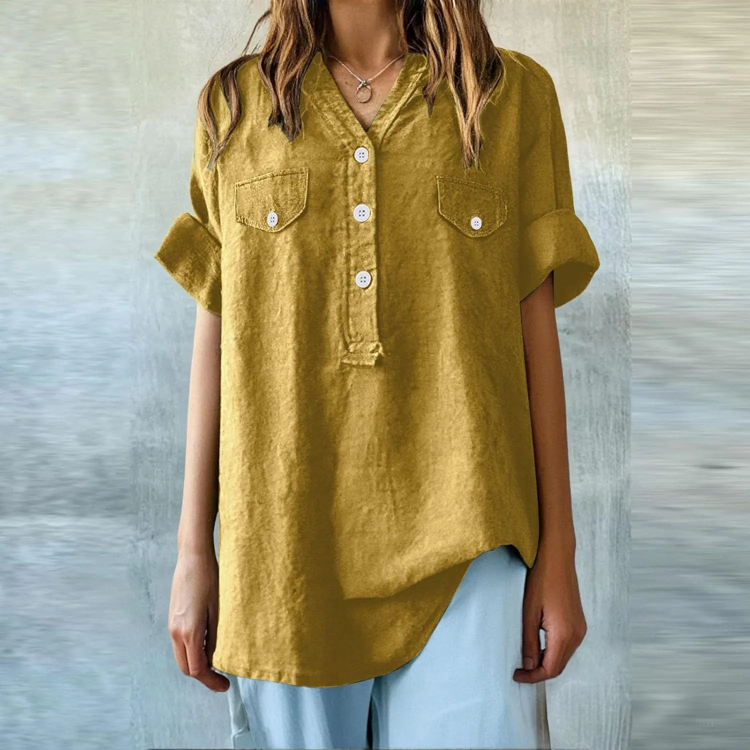Summer Tops for Women 2025 Linen Short Sleeve Button Down V Neck T Shirts with Chest Pocket Casual Beach Tops