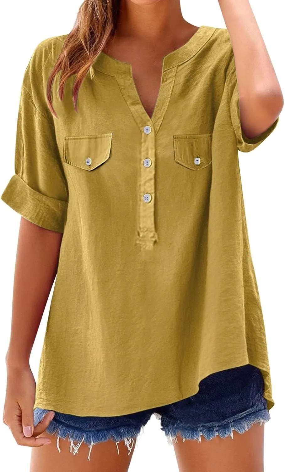 Summer Tops for Women 2025 Linen Short Sleeve Button Down V Neck T Shirts with Chest Pocket Casual Beach Tops