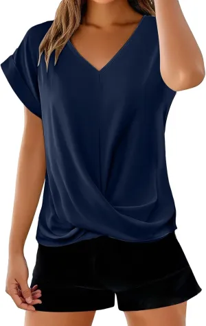 Summer Tops for Women 2025 Short Sleeve V Neck Blouses Twist Front T Shirts Casual Loose Fitting Dating Outfits Tees