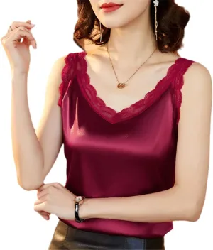 Summer Women's Lace Camisole Spaghetti Strap Tank Slim Solid Silk Satin Shirt
