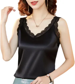 Summer Women's Lace Camisole Spaghetti Strap Tank Slim Solid Silk Satin Shirt