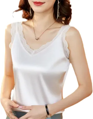 Summer Women's Lace Camisole Spaghetti Strap Tank Slim Solid Silk Satin Shirt