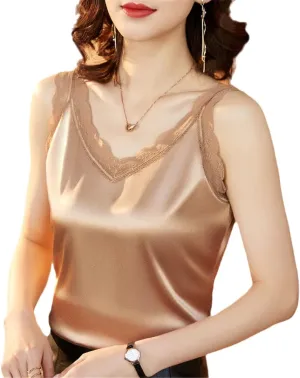 Summer Women's Lace Camisole Spaghetti Strap Tank Slim Solid Silk Satin Shirt