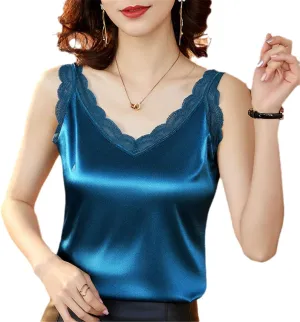 Summer Women's Lace Camisole Spaghetti Strap Tank Slim Solid Silk Satin Shirt
