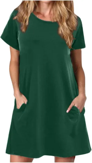 Sun Dresses Women Casual Loose Fit Short Sleeve Crew Neck Mini Dress Summer Knee Length T Shirt Dress with Pockets