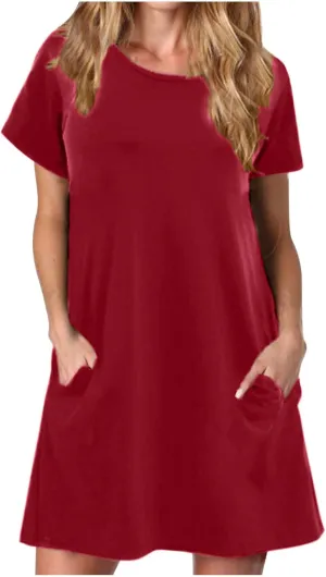 Sun Dresses Women Casual Loose Fit Short Sleeve Crew Neck Mini Dress Summer Knee Length T Shirt Dress with Pockets