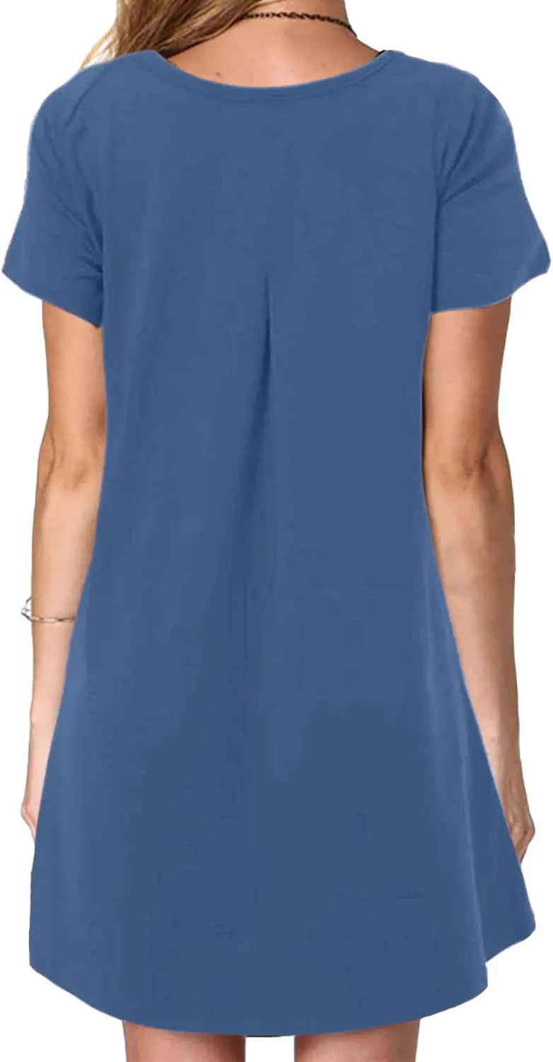 Sun Dresses Women Casual Loose Fit Short Sleeve Crew Neck Mini Dress Summer Knee Length T Shirt Dress with Pockets