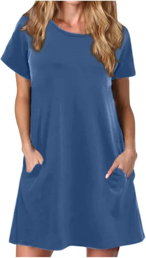 Sun Dresses Women Casual Loose Fit Short Sleeve Crew Neck Mini Dress Summer Knee Length T Shirt Dress with Pockets