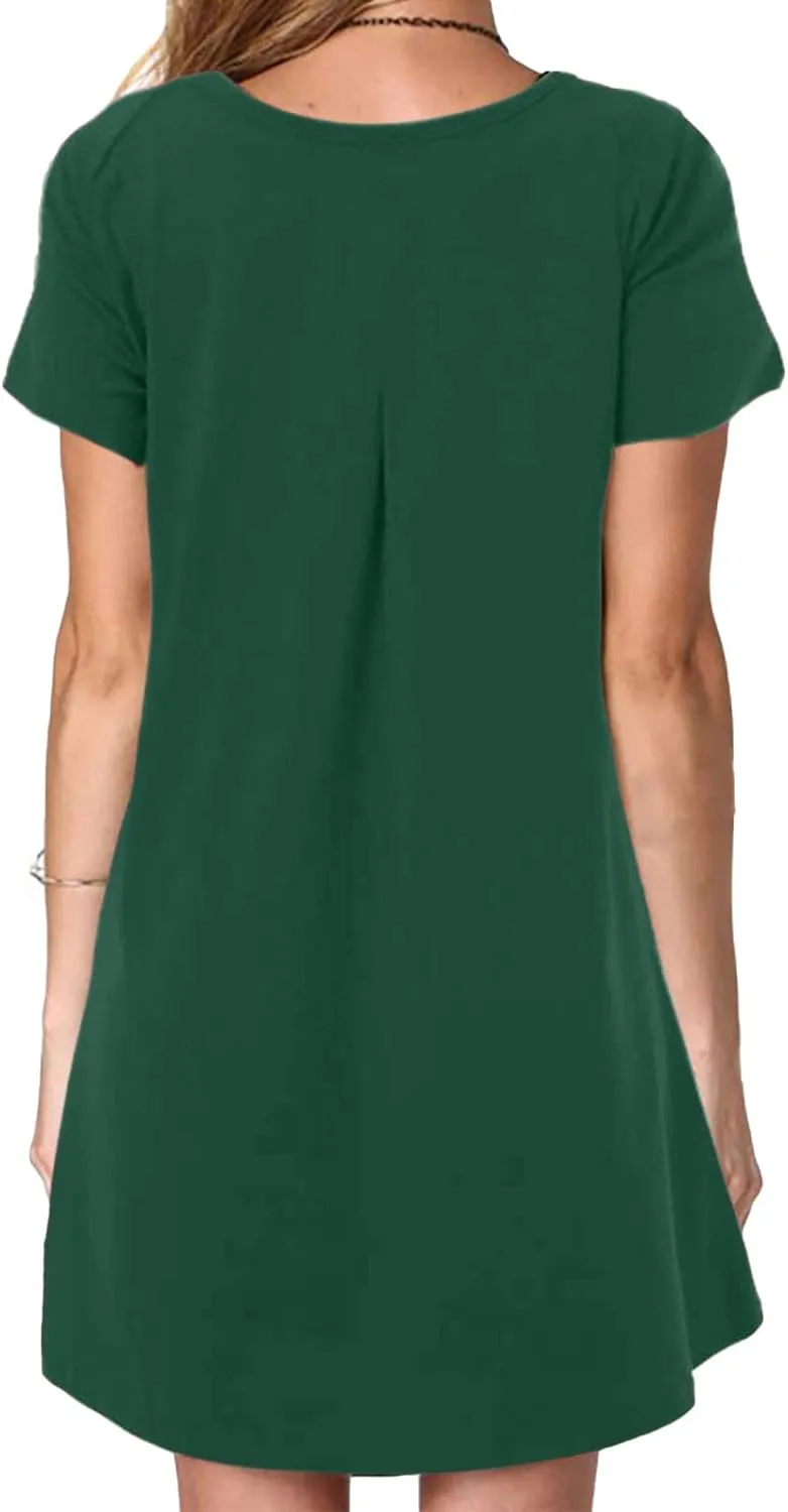 Sun Dresses Women Casual Loose Fit Short Sleeve Crew Neck Mini Dress Summer Knee Length T Shirt Dress with Pockets