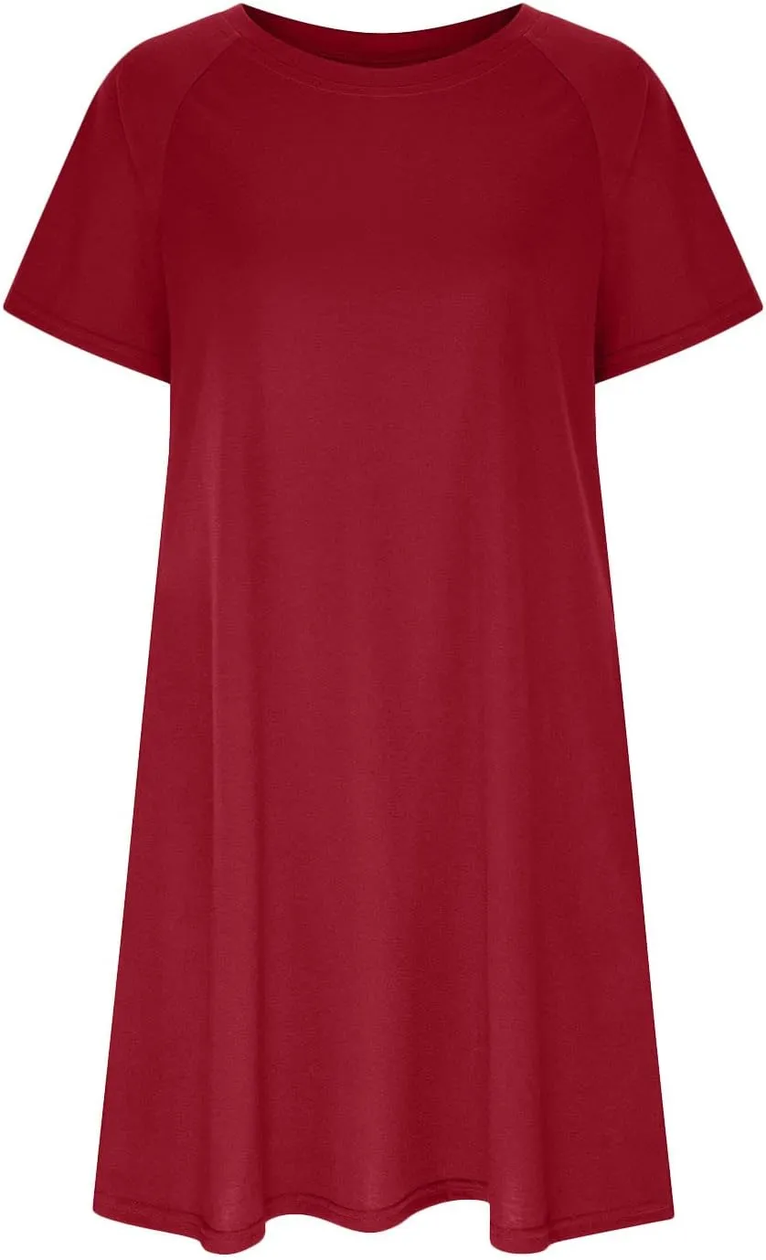 Sun Dresses Women Casual Loose Fit Short Sleeve Crew Neck Mini Dress Summer Knee Length T Shirt Dress with Pockets
