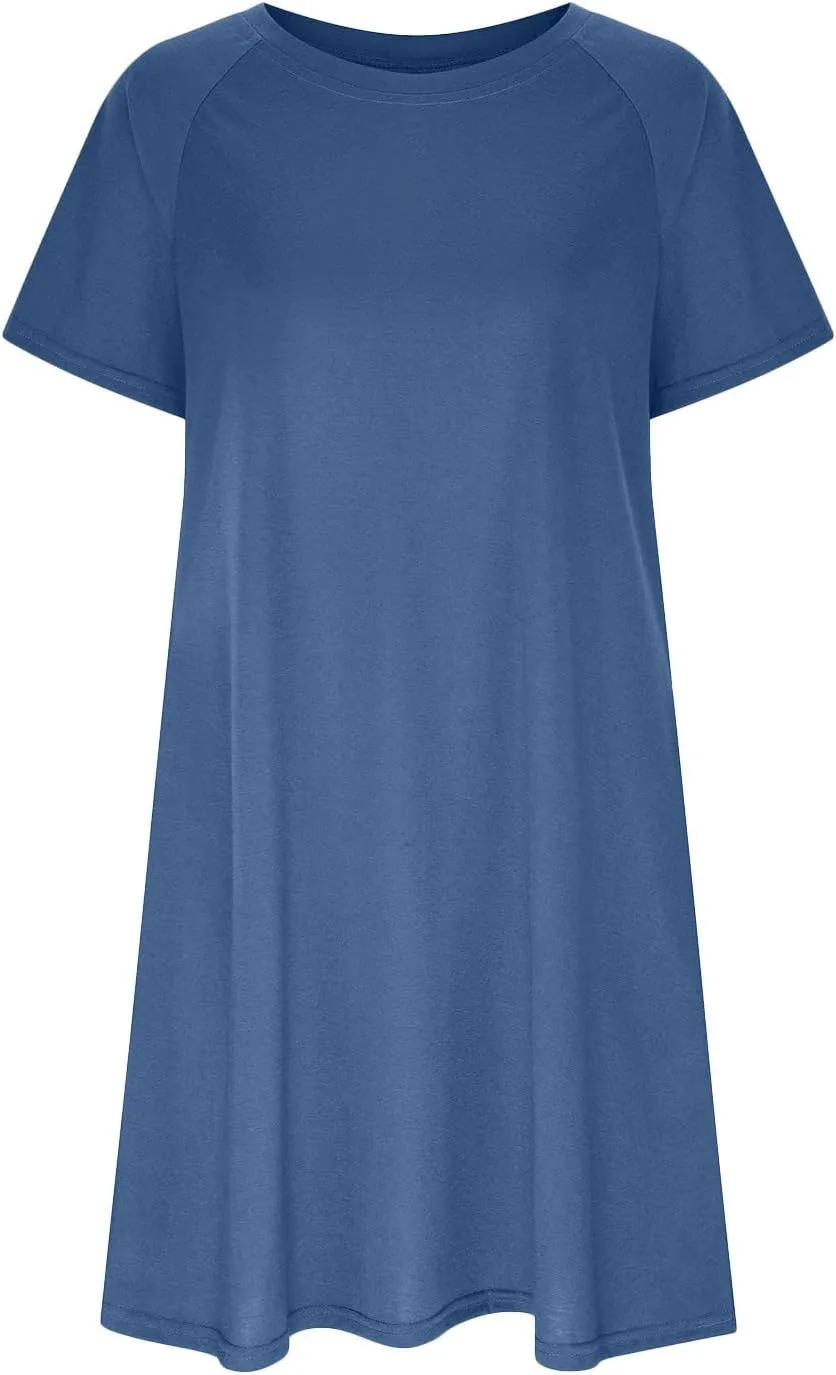 Sun Dresses Women Casual Loose Fit Short Sleeve Crew Neck Mini Dress Summer Knee Length T Shirt Dress with Pockets