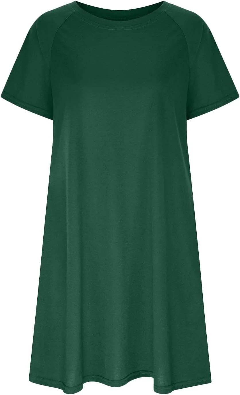 Sun Dresses Women Casual Loose Fit Short Sleeve Crew Neck Mini Dress Summer Knee Length T Shirt Dress with Pockets
