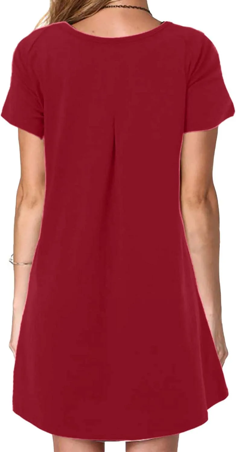Sun Dresses Women Casual Loose Fit Short Sleeve Crew Neck Mini Dress Summer Knee Length T Shirt Dress with Pockets