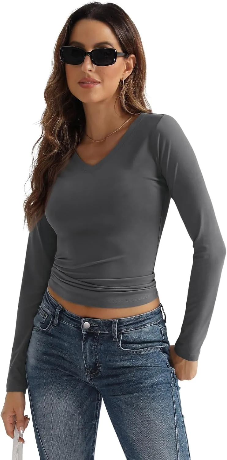 SUNBS Womens 3 Pack Long Sleeve Shirts V Neck Going Out Slim Fit Causal Crop Layering Tops 2025 Fall Fashion Clothes