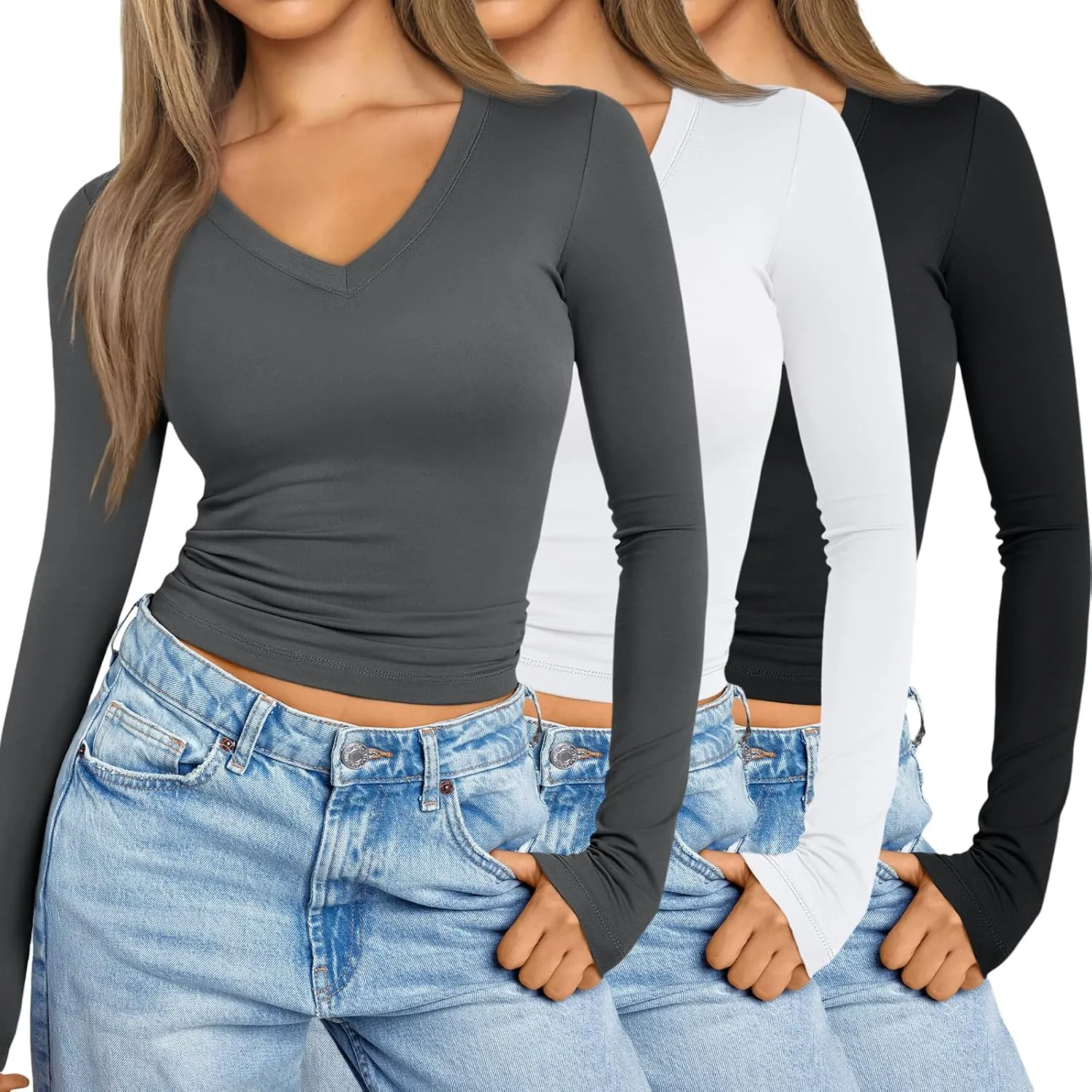 SUNBS Womens 3 Pack Long Sleeve Shirts V Neck Going Out Slim Fit Causal Crop Layering Tops 2025 Fall Fashion Clothes